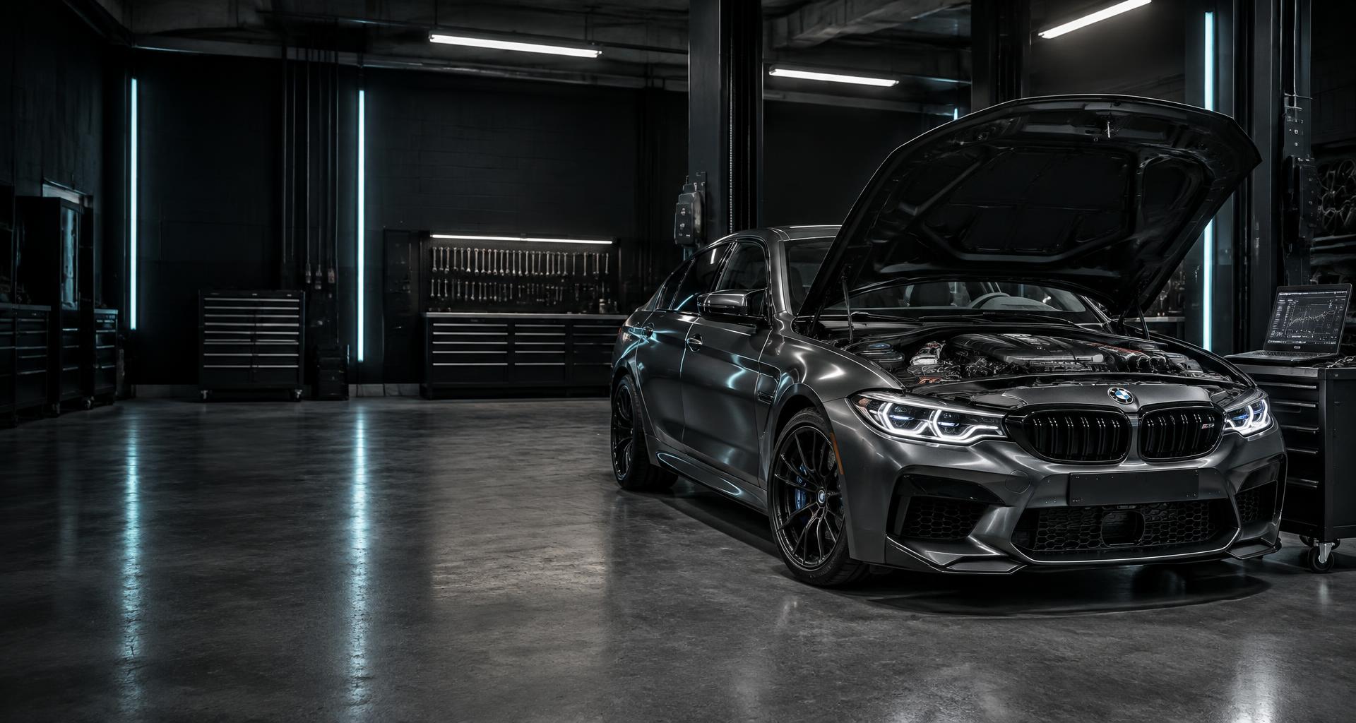 Sportlimousine mit geöffneter Motorhaube und Diagnoselaptop in einer professionellen Werkstatt